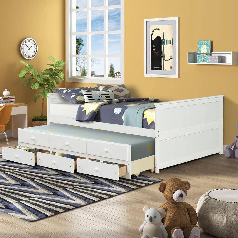 White Full Size Kids Captain's Bed Platform Bed with Trundle Bed Wood Storage Full Daybed with 3-Storage Drawers by ANBAZAR 9 White Full Size Kids Captain's Bed Platform Bed with Trundle Bed Wood Storage Full Daybed with 3-Storage Drawers by ANBAZAR - Image 9