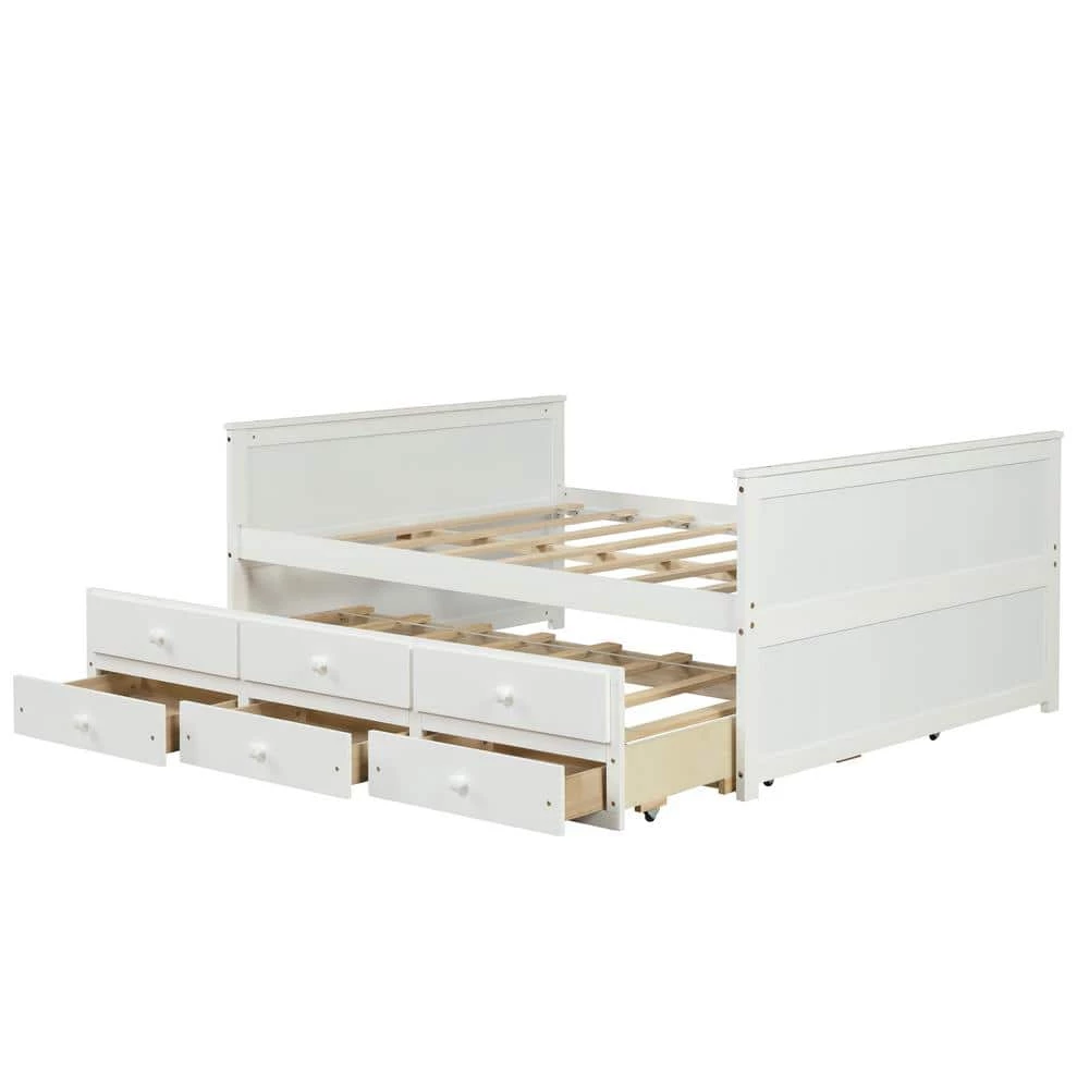 White Full Size Kids Captain's Bed Platform Bed with Trundle Bed Wood Storage Full Daybed with 3-Storage Drawers by ANBAZAR 6 White Full Size Kids Captain's Bed Platform Bed with Trundle Bed Wood Storage Full Daybed with 3-Storage Drawers by ANBAZAR - Image 6