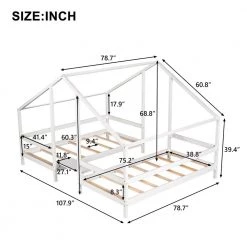 White Double Twin Size Kids House Beds, Wooden Triangular 2 in 1 House Bed Frame with Built-in Table, Can be Decorated by ANBAZAR -ANBAZAR Sales white anbazar kids beds 01739anna k 1f 1000