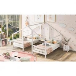 White Double Twin Size Kids House Beds, Wooden Triangular 2 in 1 House Bed Frame with Built-in Table, Can be Decorated by ANBAZAR -ANBAZAR Sales white anbazar kids beds 01739anna k 31 1000