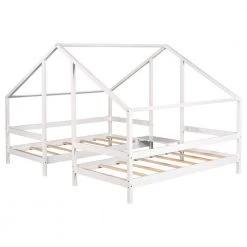White Double Twin Size Kids House Beds, Wooden Triangular 2 in 1 House Bed Frame with Built-in Table, Can be Decorated by ANBAZAR -ANBAZAR Sales white anbazar kids beds 01739anna k 44 1000