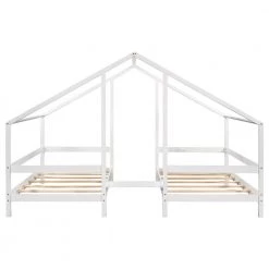 White Double Twin Size Kids House Beds, Wooden Triangular 2 in 1 House Bed Frame with Built-in Table, Can be Decorated by ANBAZAR -ANBAZAR Sales white anbazar kids beds 01739anna k 4f 1000