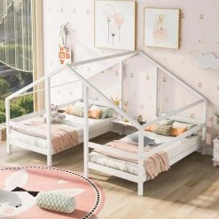 White Double Twin Size Kids House Beds, Wooden Triangular 2 in 1 House Bed Frame with Built-in Table, Can be Decorated by ANBAZAR