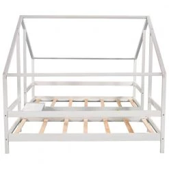 White Double Twin Size Kids House Beds, Wooden Triangular 2 in 1 House Bed Frame with Built-in Table, Can be Decorated by ANBAZAR -ANBAZAR Sales white anbazar kids beds 01739anna k 76 1000