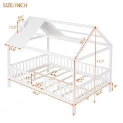 White Wood Full Size Kids House Bed Platform Bed with Roof and Safety Rail, Wood Kids Canopy Bed Frame with Fence by ANBAZAR -ANBAZAR Sales white anbazar kids beds 01766anna k 1f 1000