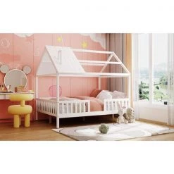 White Wood Full Size Kids House Bed Platform Bed with Roof and Safety Rail, Wood Kids Canopy Bed Frame with Fence by ANBAZAR -ANBAZAR Sales white anbazar kids beds 01766anna k 31 1000
