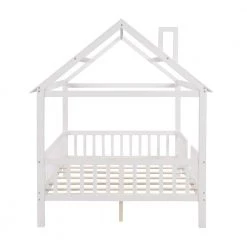 White Wood Full Size Kids House Bed Platform Bed with Roof and Safety Rail, Wood Kids Canopy Bed Frame with Fence by ANBAZAR -ANBAZAR Sales white anbazar kids beds 01766anna k 44 1000