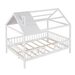 White Wood Full Size Kids House Bed Platform Bed with Roof and Safety Rail, Wood Kids Canopy Bed Frame with Fence by ANBAZAR -ANBAZAR Sales white anbazar kids beds 01766anna k 4f 1000