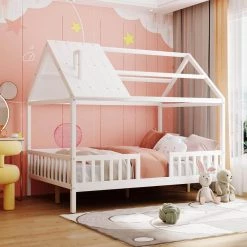 White Wood Full Size Kids House Bed Platform Bed with Roof and Safety Rail, Wood Kids Canopy Bed Frame with Fence by ANBAZAR