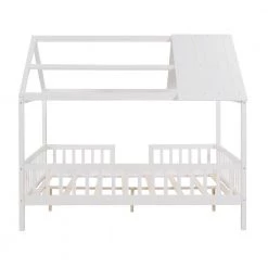 White Wood Full Size Kids House Bed Platform Bed with Roof and Safety Rail, Wood Kids Canopy Bed Frame with Fence by ANBAZAR -ANBAZAR Sales white anbazar kids beds 01766anna k 76 1000