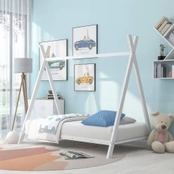 Metal Floor Play House Bed with Slat House Bed Tent Bed Frame Twin Size for Kids Girls Boys, No Box Spring Needed White by ANBAZAR -ANBAZAR Sales white anbazar kids beds liner11 c 31 1000
