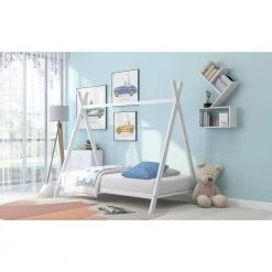 Metal Floor Play House Bed with Slat House Bed Tent Bed Frame Twin Size for Kids Girls Boys, No Box Spring Needed White by ANBAZAR -ANBAZAR Sales white anbazar kids beds liner11 c c3 1000