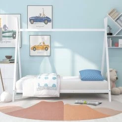 Metal Floor Play House Bed with Slat House Bed Tent Bed Frame Twin Size for Kids Girls Boys, No Box Spring Needed White by ANBAZAR -ANBAZAR Sales white anbazar kids beds liner11 c fa 1000 1