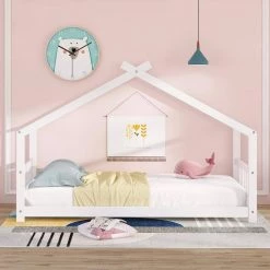 Twin Size House Bed Wood Bed White by ANBAZAR -ANBAZAR Sales white anbazar kids beds liner14 a 31 1000
