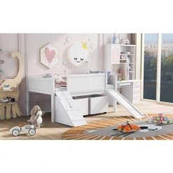 Twin Size Low White Loft Bed with Slide and Ladder, Multi-functional Kid Loft Bed with Storage Boxes and Whiteboard by ANBAZAR -ANBAZAR Sales white anbazar loft beds 00483anna 31 1000