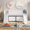 Twin Size Low White Loft Bed with Slide and Ladder, Multi-functional Kid Loft Bed with Storage Boxes and Whiteboard by ANBAZAR