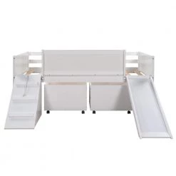 Twin Size Low White Loft Bed with Slide and Ladder, Multi-functional Kid Loft Bed with Storage Boxes and Whiteboard by ANBAZAR -ANBAZAR Sales white anbazar loft beds 00483anna c3 1000