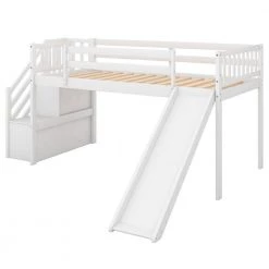 White Twin Size Loft Bed with Slide and Storage Shelves, Wood Low Loft Bed Frame with Staircase and Guardrail for Kids by ANBAZAR -ANBAZAR Sales white anbazar loft beds 01018anna k 44 1000