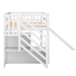 White Twin Size Loft Bed with Slide and Storage Shelves, Wood Low Loft Bed Frame with Staircase and Guardrail for Kids by ANBAZAR -ANBAZAR Sales white anbazar loft beds 01018anna k 76 1000
