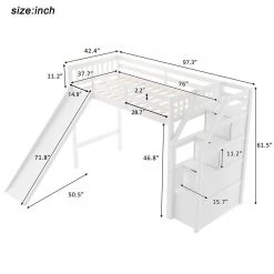 White Twin Size Loft Bed with Slide and Stairs, Wood High Kids Loft Bed Frame with Storage and Guardrail by ANBAZAR -ANBAZAR Sales white anbazar loft beds 01023anna k 1f 1000