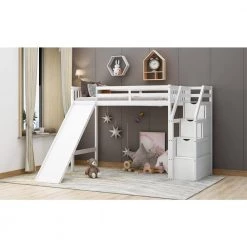 White Twin Size Loft Bed with Slide and Stairs, Wood High Kids Loft Bed Frame with Storage and Guardrail by ANBAZAR -ANBAZAR Sales white anbazar loft beds 01023anna k 31 1000