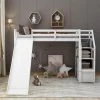 White Twin Size Loft Bed with Slide and Stairs, Wood High Kids Loft Bed Frame with Storage and Guardrail by ANBAZAR