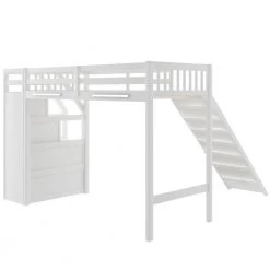 White Twin Size Loft Bed with Slide and Stairs, Wood High Kids Loft Bed Frame with Storage and Guardrail by ANBAZAR -ANBAZAR Sales white anbazar loft beds 01023anna k fa 1000
