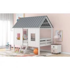 White Twin Size Kids House Loft Bed With Central Ladder, Low Wood Twin Loft Bed Frame with Two Windows and Roof by ANBAZAR -ANBAZAR Sales white anbazar loft beds 01128anna k 31 1000
