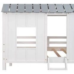 White Twin Size Kids House Loft Bed With Central Ladder, Low Wood Twin Loft Bed Frame with Two Windows and Roof by ANBAZAR -ANBAZAR Sales white anbazar loft beds 01128anna k 76 1000