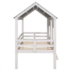 White Twin Size Kids House Loft Bed With Central Ladder, Low Wood Twin Loft Bed Frame with Two Windows and Roof by ANBAZAR -ANBAZAR Sales white anbazar loft beds 01128anna k fa 1000