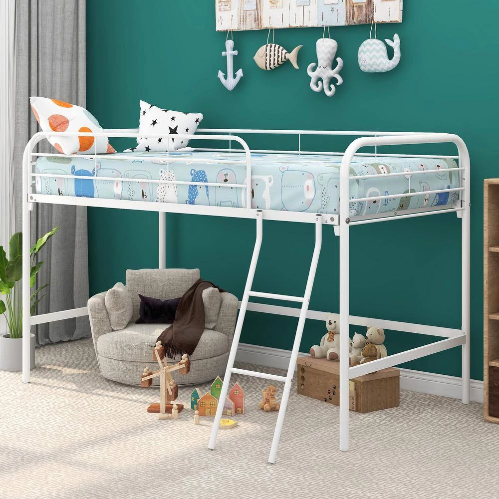 White Low Height Twin Size Metal Loft Bed With Incline Ladder, Sturdy Kids Loft Bed Frame with Steel Support Slats by ANBAZAR 6 White Low Height Twin Size Metal Loft Bed With Incline Ladder, Sturdy Kids Loft Bed Frame with Steel Support Slats by ANBAZAR - Image 6