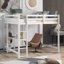 White Full Size Kids Loft Bed with Built-in Desk and Shelves, Full Wood Loft Bed Frame with Ladder, No Box Spring Needed by ANBAZAR