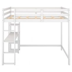 White Full Size Kids Loft Bed with Built-in Desk and Shelves, Full Wood Loft Bed Frame with Ladder, No Box Spring Needed by ANBAZAR -ANBAZAR Sales white anbazar loft beds 01692anna k c3 1000