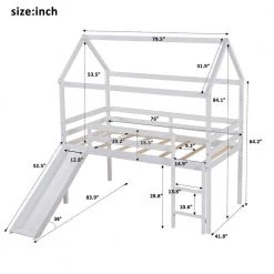 White Wood Twin Size Loft Bed Frame with Slide and Ladder, Twin Kids House-shaped Loft Bed with Roof and Guardrail by ANBAZAR -ANBAZAR Sales white anbazar loft beds 01824anna k 1f 1000