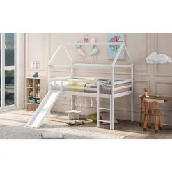 White Wood Twin Size Loft Bed Frame with Slide and Ladder, Twin Kids House-shaped Loft Bed with Roof and Guardrail by ANBAZAR -ANBAZAR Sales white anbazar loft beds 01824anna k 31 1000