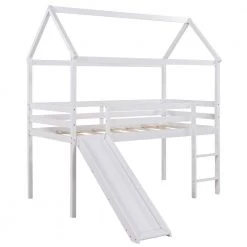 White Wood Twin Size Loft Bed Frame with Slide and Ladder, Twin Kids House-shaped Loft Bed with Roof and Guardrail by ANBAZAR -ANBAZAR Sales white anbazar loft beds 01824anna k 4f 1000
