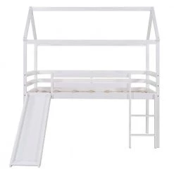 White Wood Twin Size Loft Bed Frame with Slide and Ladder, Twin Kids House-shaped Loft Bed with Roof and Guardrail by ANBAZAR -ANBAZAR Sales white anbazar loft beds 01824anna k c3 1000