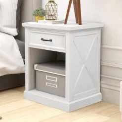 Solid Wood 1-Drawer White Nightstand with Open Shelf, Modern Nightstand Bedside Table End Table 21.3''L*15.9''W*26''H by ANBAZAR -ANBAZAR Sales white anbazar nightstands 01732anna k c3 1000