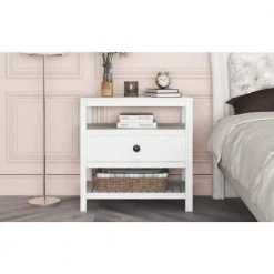 Solid Wood 1-Drawer White Nightstand with 2 Open Shelves, Modern Nightstand Bedside Table End Table 26''L*15''W*25.2''H by ANBAZAR -ANBAZAR Sales white anbazar nightstands 01734anna k 31 1000