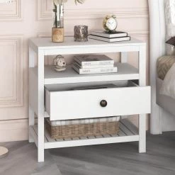 Solid Wood 1-Drawer White Nightstand with 2 Open Shelves, Modern Nightstand Bedside Table End Table 26''L*15''W*25.2''H by ANBAZAR