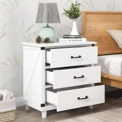 White 3-Drawer Rectangle Nightstand 27.4''L*15.7''W*27.9''H, Wooden Bedside Cabinet Bedside Table End Table for Bedroom by ANBAZAR