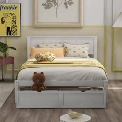 White Wood Full Size Bed Frame with Headboard, Full Bed Frame with Storage Drawers, Platform Bed Frame Full Size by ANBAZAR