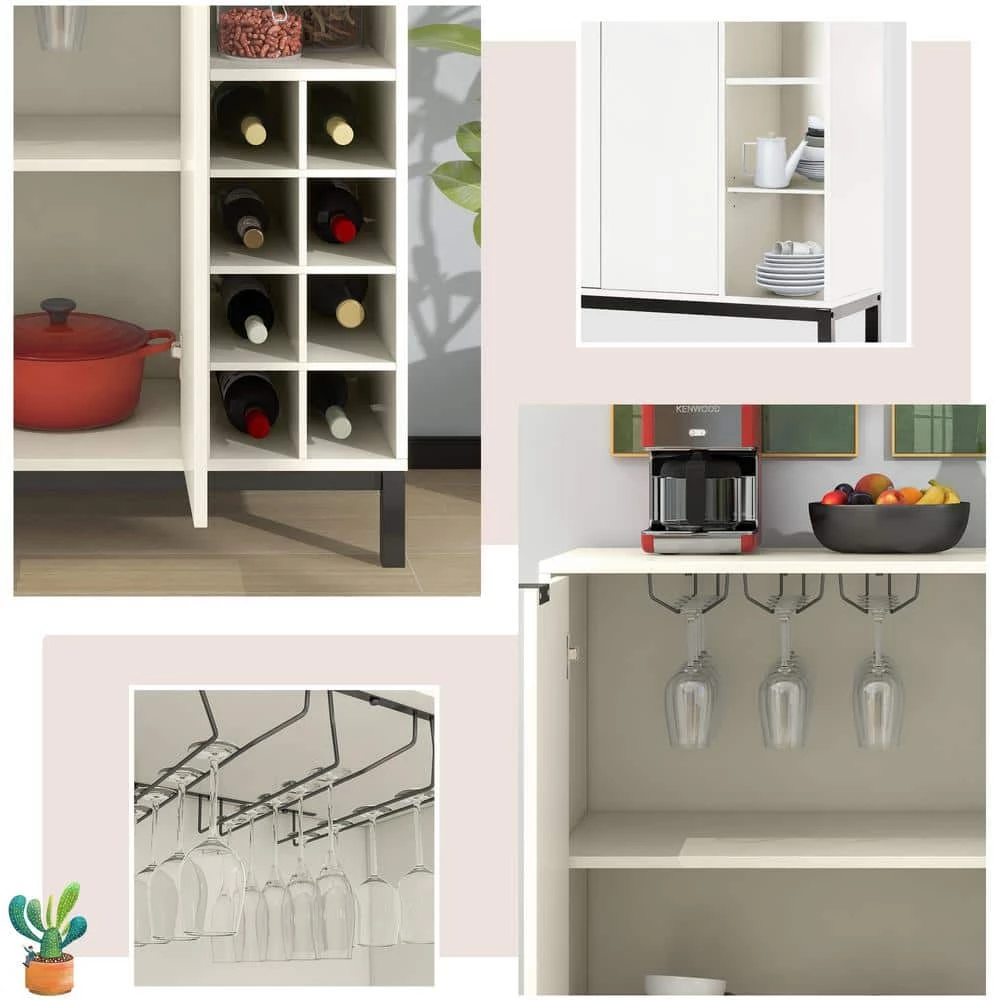 Wooden Sideboard Cabinet Buffet Bar Cabinet Storage with 8-Bottle Wine Rack Liquor Cabinet for Kitchen, White by ANBAZAR 7 Wooden Sideboard Cabinet Buffet Bar Cabinet Storage with 8-Bottle Wine Rack Liquor Cabinet for Kitchen, White by ANBAZAR - Image 7