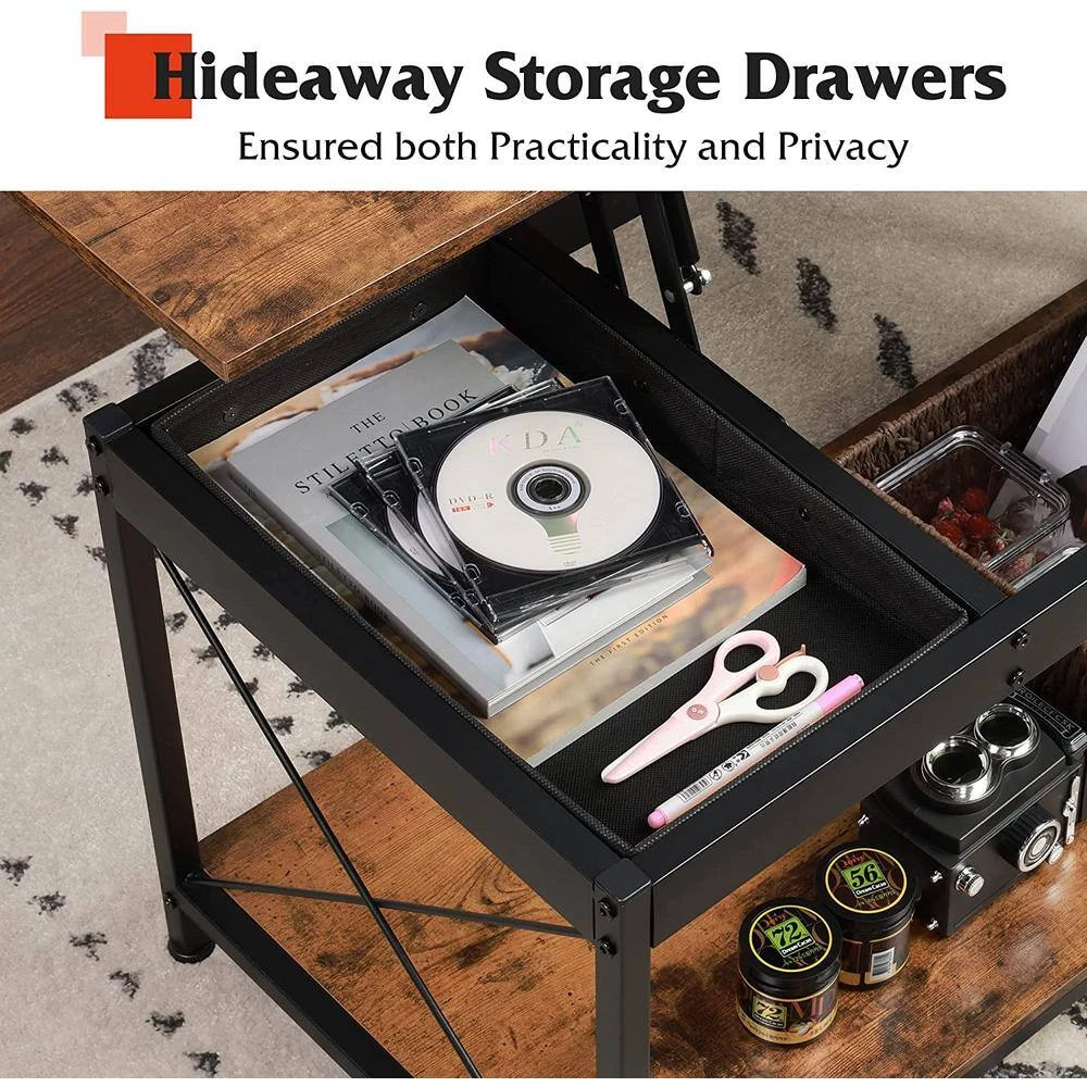 Lift Top Coffee Table with Storage Shelf and 2 Hidden Drawer Compartment for Living Room by ANBAZAR 4 Lift Top Coffee Table with Storage Shelf and 2 Hidden Drawer Compartment for Living Room by ANBAZAR - Image 4