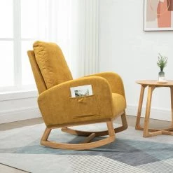 Yellow Fabric Upholstery Rocking Accent Arm Chair (Set of 1), Solid Wood Frame Arm Chair with Rocking Legs by ANBAZAR