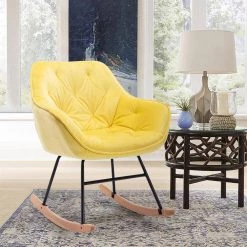 Yellow Velvet Upholstered Rocking Accent Arm Chair (Set of 1), Wood Frame Upholstered Arm Chair with Rocking Legs by ANBAZAR -ANBAZAR Sales yellow anbazar accent chairs 02627anna y 31 1000