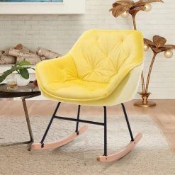 Yellow Velvet Upholstered Rocking Accent Arm Chair (Set of 1), Wood Frame Upholstered Arm Chair with Rocking Legs by ANBAZAR