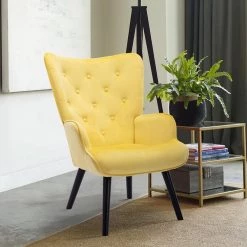 Yellow Velvet Fabric Upholstery Arm Chair ( Set of 1), Accent Leisure Arm Chair with Wood Feet, Upholstered Arm Chair by ANBAZAR