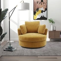 Tufted Swivel Barrel Chair, Circular Swivel Barrel Chair,360°Swivel Chair with 3 Pillow,Living Room Accent Chair,Mustard by ANBAZAR -ANBAZAR Sales yellow anbazar accent chairs wjz 091d 31 1000