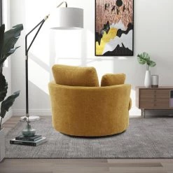 Tufted Swivel Barrel Chair, Circular Swivel Barrel Chair,360°Swivel Chair with 3 Pillow,Living Room Accent Chair,Mustard by ANBAZAR -ANBAZAR Sales yellow anbazar accent chairs wjz 091d 77 1000